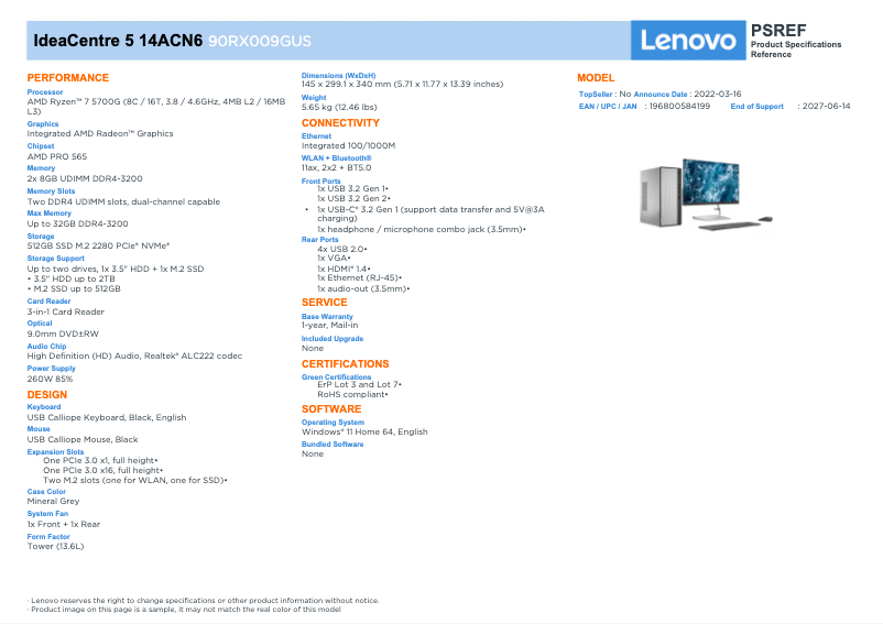 Página nº 1 - Ficha técnica Lenovo IdeaCentre 5
