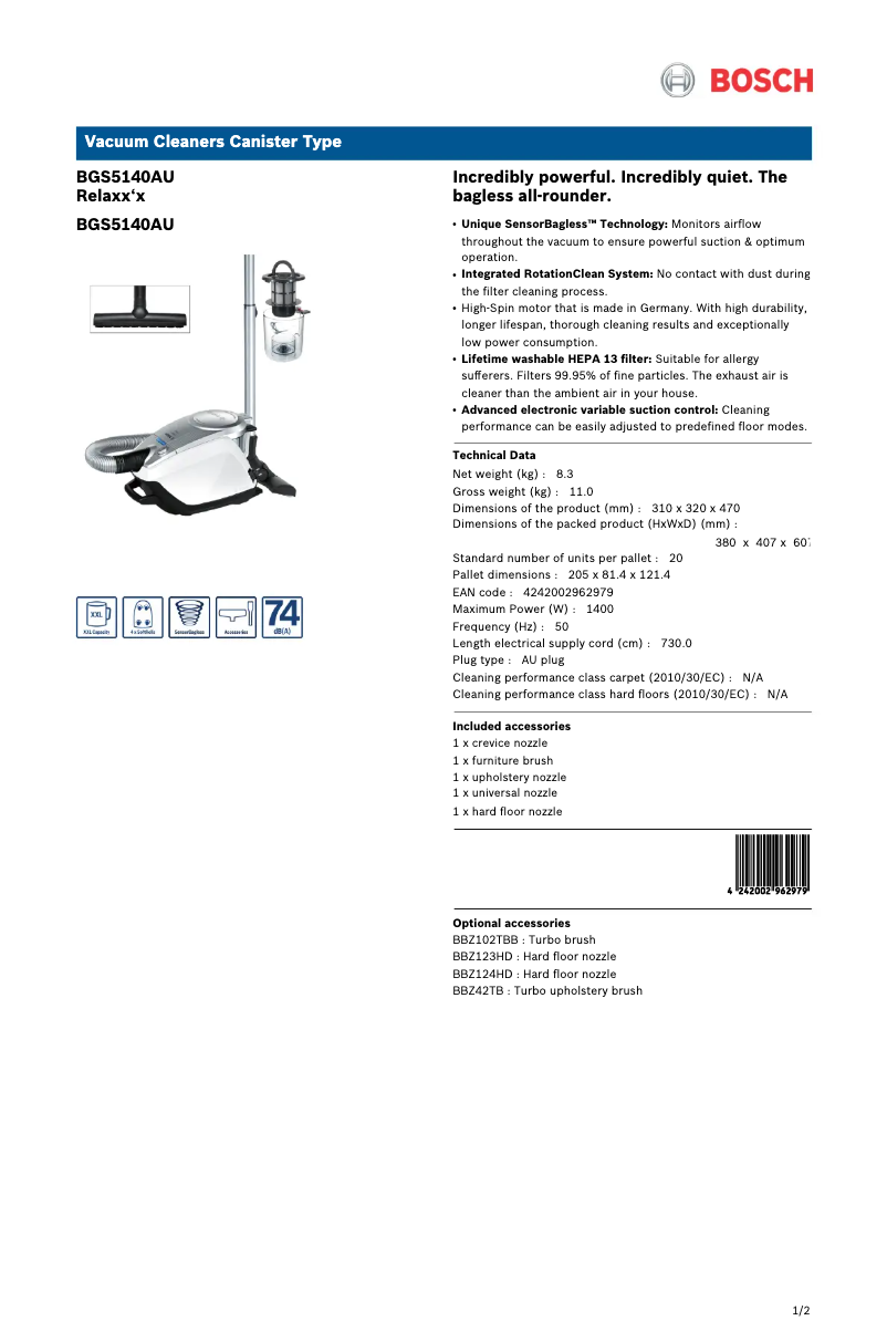 Página 1 del manual Ficha técnica Bosch Relaxx'x BGS5140AU