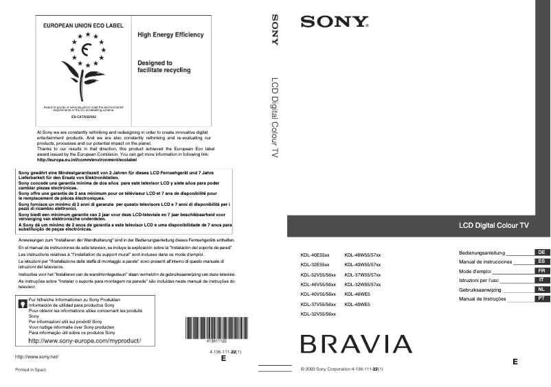 Página 1 del manual Manual de usuario Sony Bravia KDL-46V5610