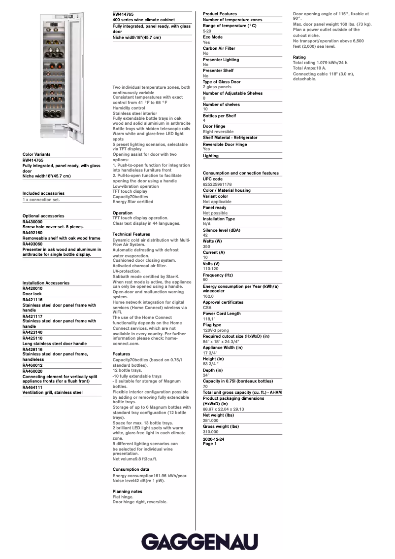 Página 1 del manual Ficha técnica Gaggenau RW414765