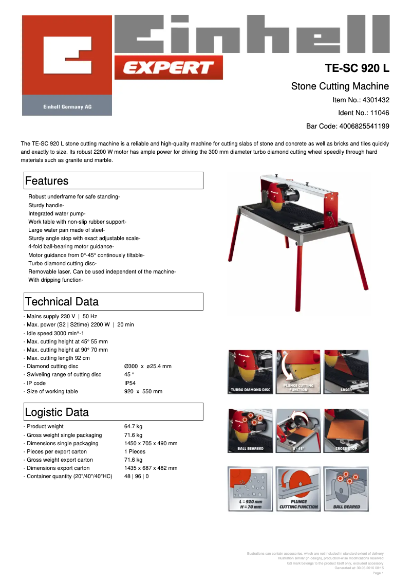 Página 1 del manual Ficha técnica Einhell TE-SC 920 L