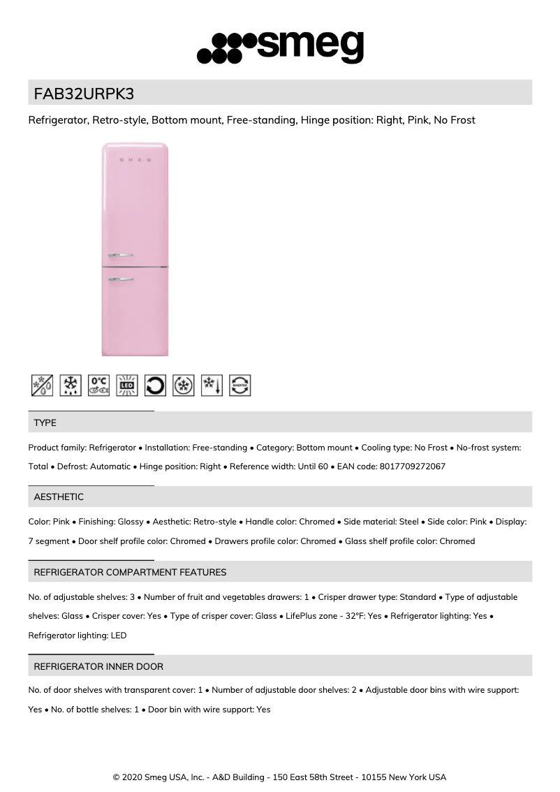Página 1 del manual Ficha técnica Smeg FAB32URPK3