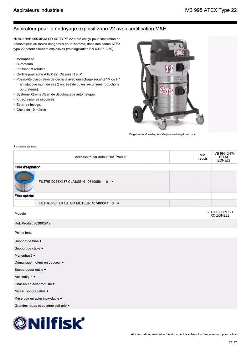 Página 1 del manual Ficha técnica Nilfisk IVB 995-0H/M SD XC