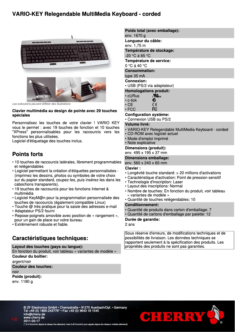 Página 1 del manual Ficha técnica Cherry VARIO-KEY