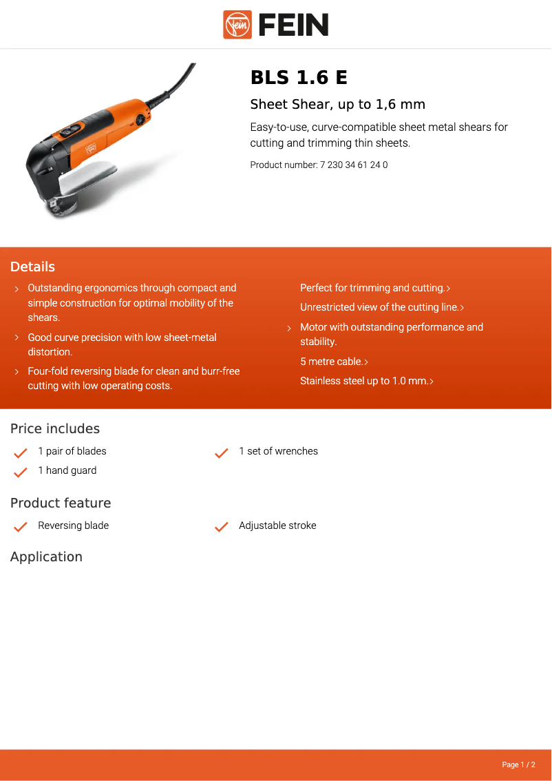 Página 1 del manual Ficha técnica Fein BLS 1.6 E
