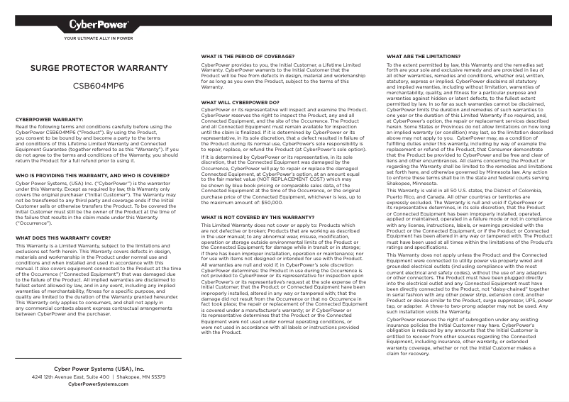 Página 1 del manual Información de garantía CyberPower CSB604