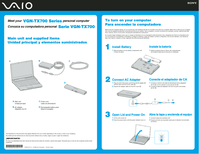 Imagen de la primera página del manual del dispositivo Vaio VGN-TX750FP