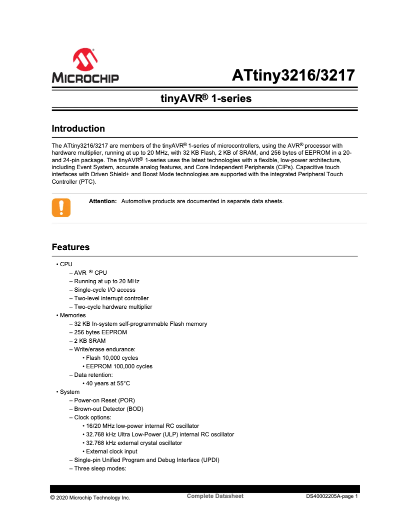 Imagen de la primera página del manual del dispositivo ATTINY3217