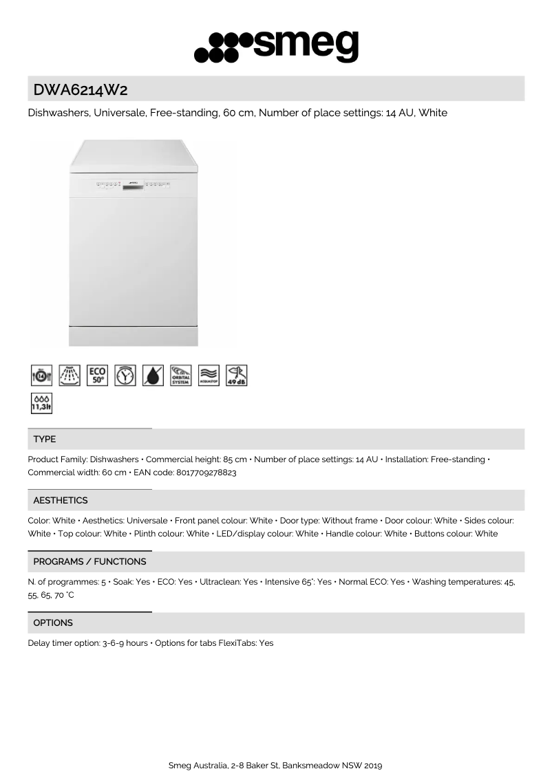 Página 1 del manual Ficha técnica Smeg DWA6214W2
