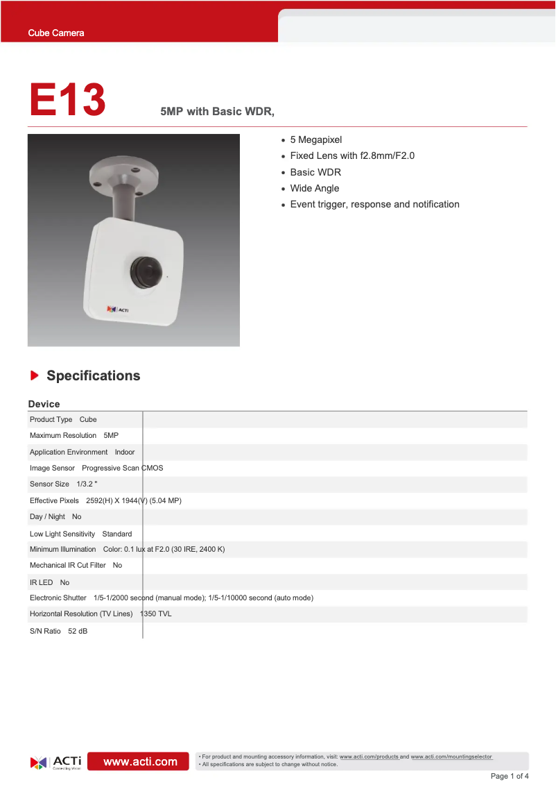 Página 1 del manual Ficha técnica ACTi E13
