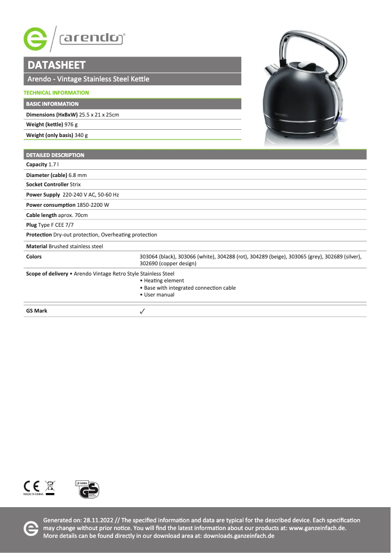 Página 1 del manual Ficha técnica Arendo Vintage 304289