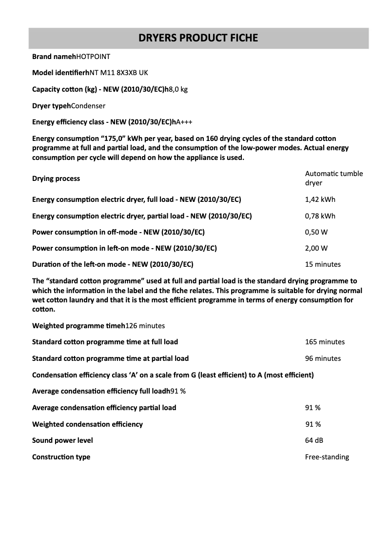 Página 1 del manual Ficha técnica Hotpoint NTM118X3XBUK