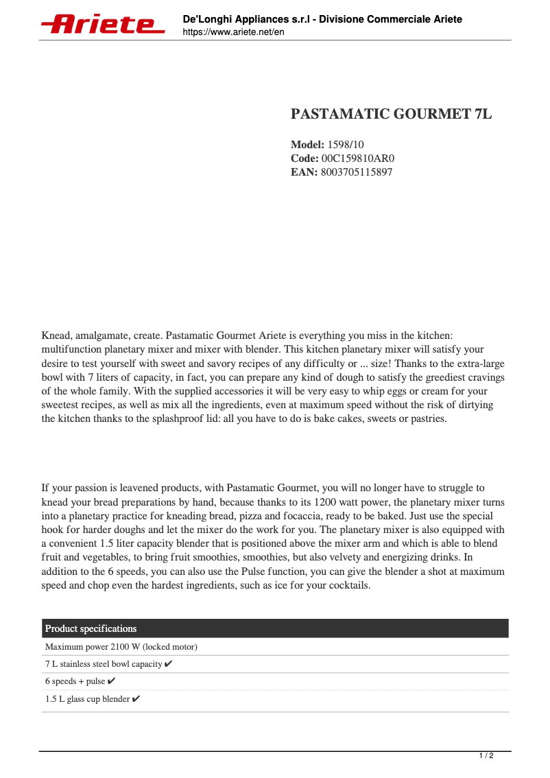 Página 1 del manual Ficha técnica Ariete Pastamatic Gourmet 7L 1598