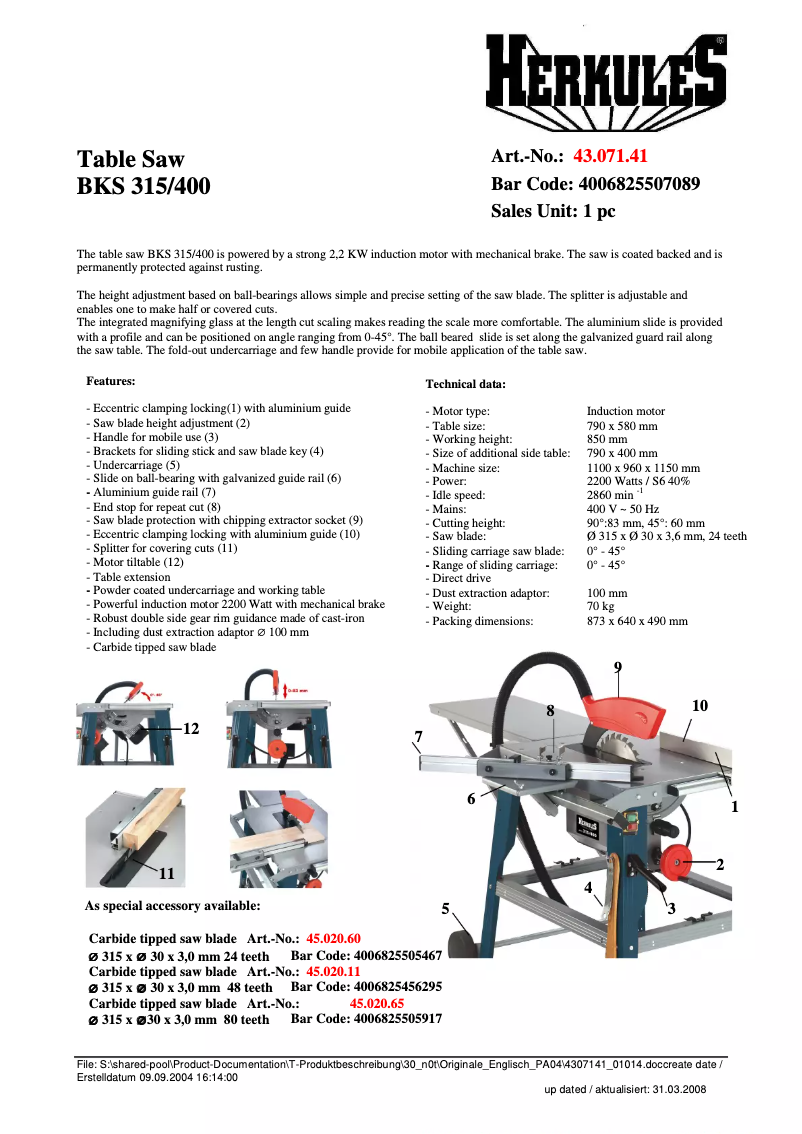 Página 1 del manual Ficha técnica Herkules BKS 315/400
