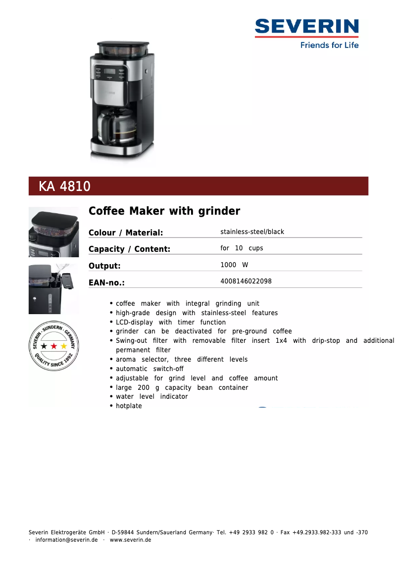 Página 1 del manual Ficha técnica Severin KA 4810