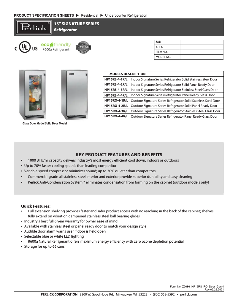 Página nº 1 - Ficha técnica Perlick HP15RO-4-1R