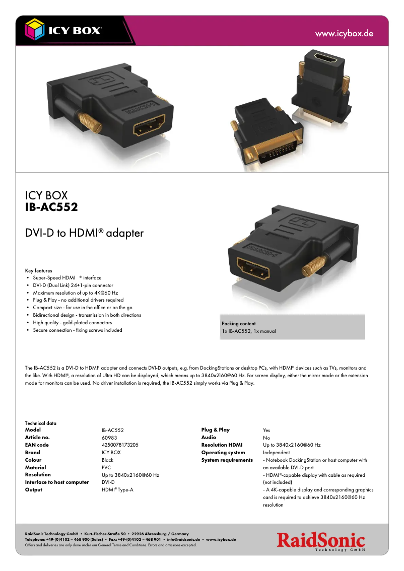 Página 1 del manual Ficha técnica Icy Box IB-AC552