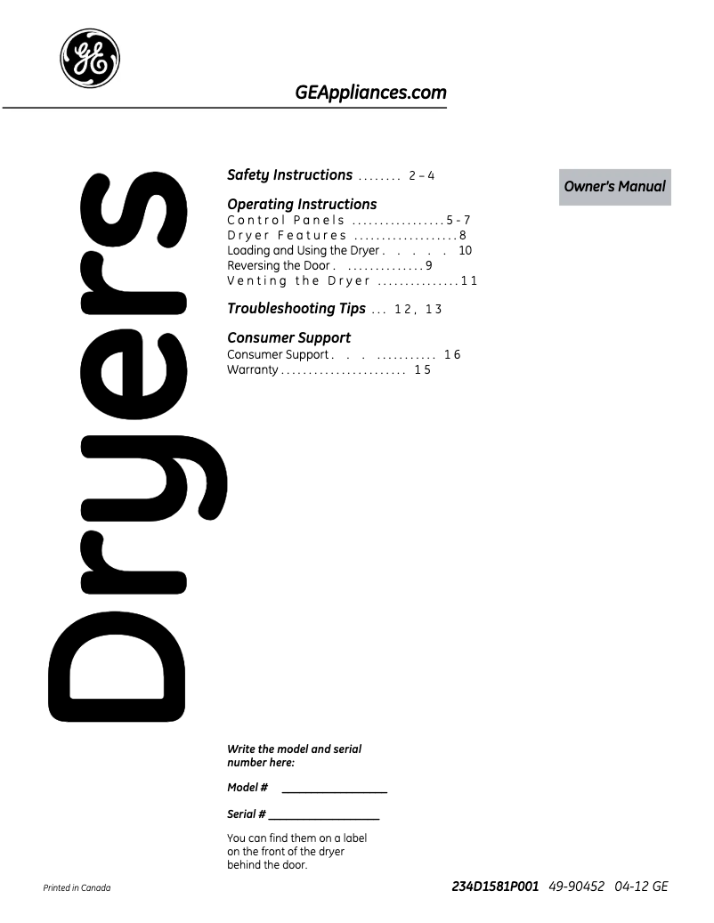 Imagen de la primera página del manual del dispositivo GLDS560GDWW