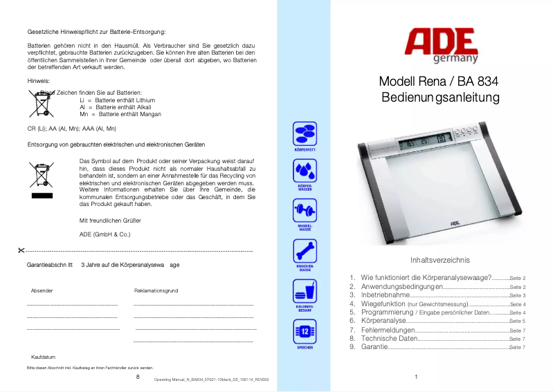 Imagen de la primera página del manual del dispositivo Rena BA 834