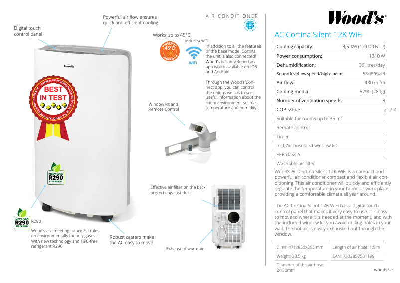 Página 1 del manual Ficha técnica Wood's AC Cortina Silent 12K WiFi