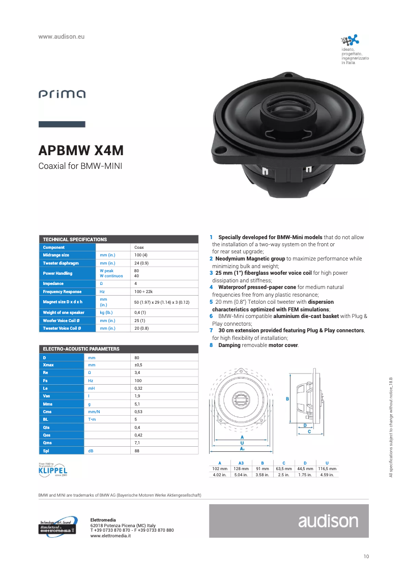 Página 1 del manual Ficha técnica Audison APBMW X4E