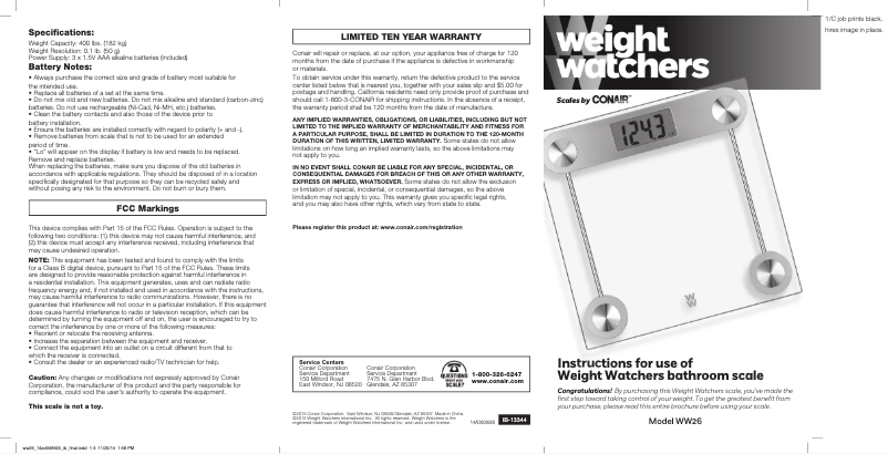 Imagen de la primera página del manual del dispositivo Weight Watchers WW26X