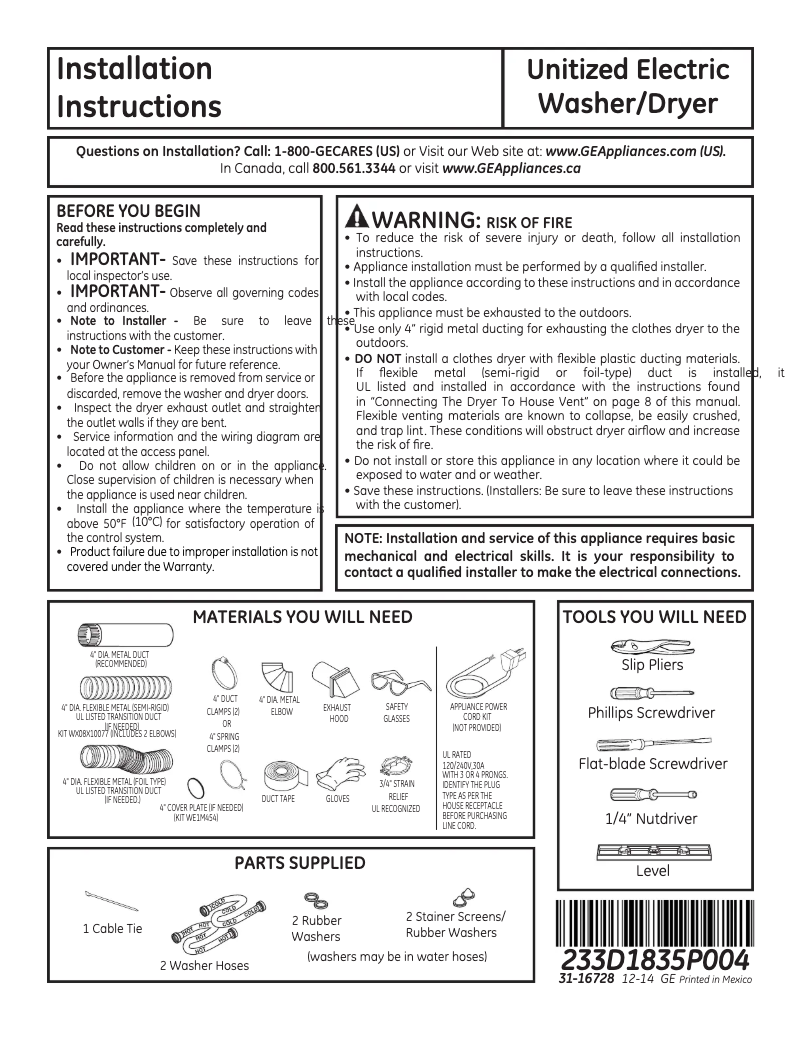 Página 1 del manual Guía de instalación GE Spacemaker GUD27ESSJWW