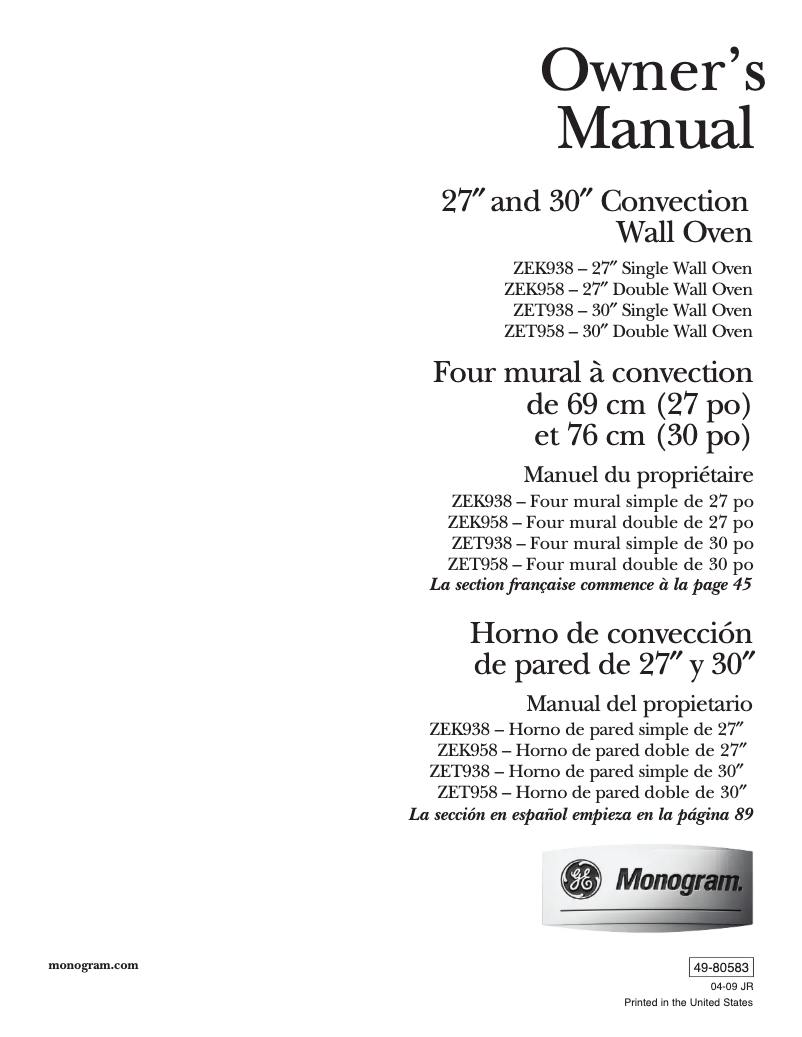 Página 1 del manual Manual de uso y mantenimiento GE ZET958BMBB