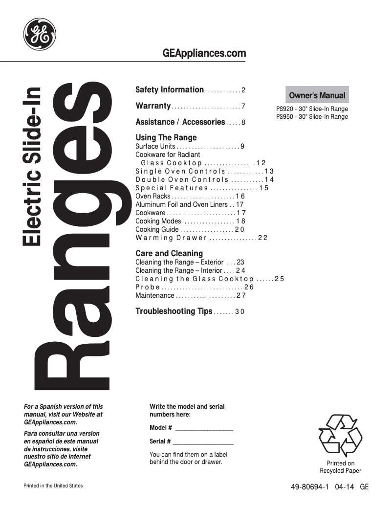 Imagen de la primera página del manual del dispositivo Profile PS950EFES