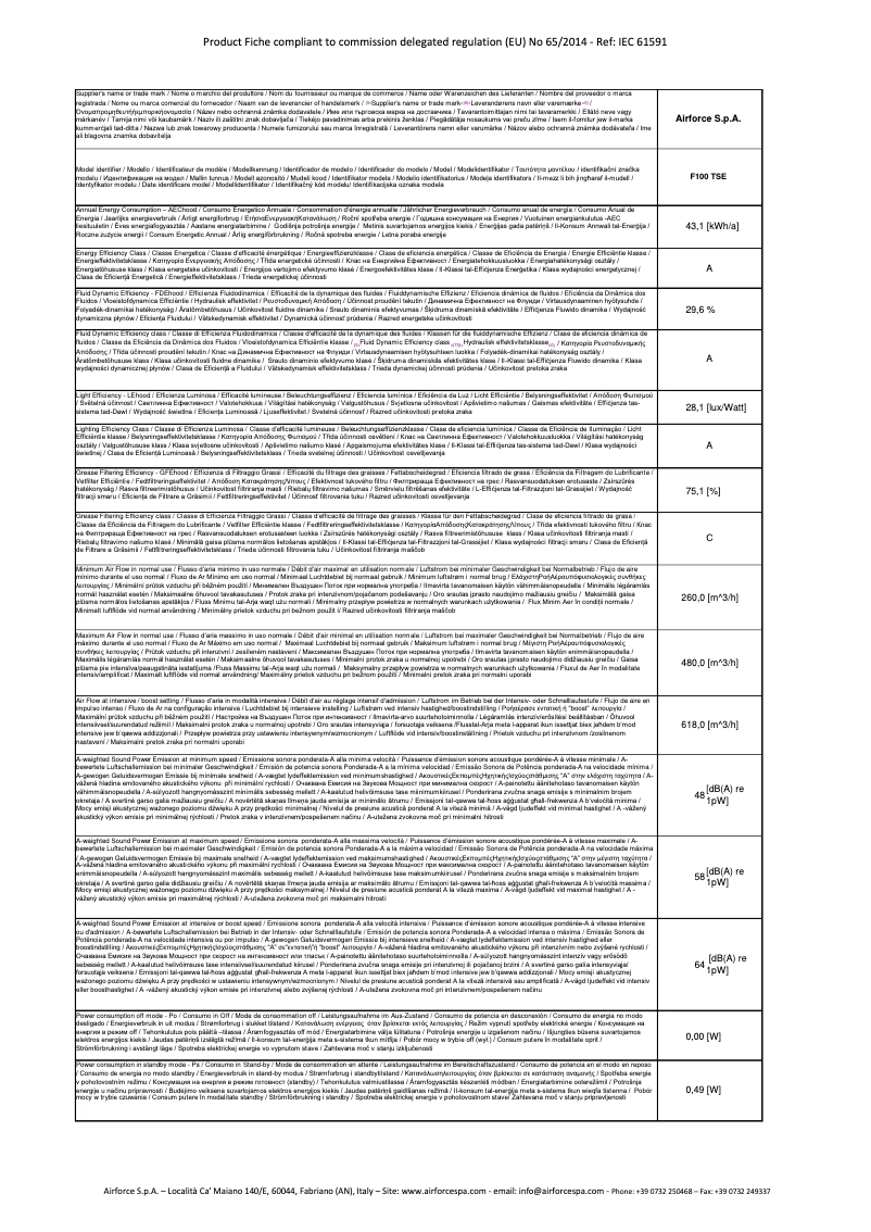 Página 1 del manual Ficha técnica Airforce F100B 60 TSE
