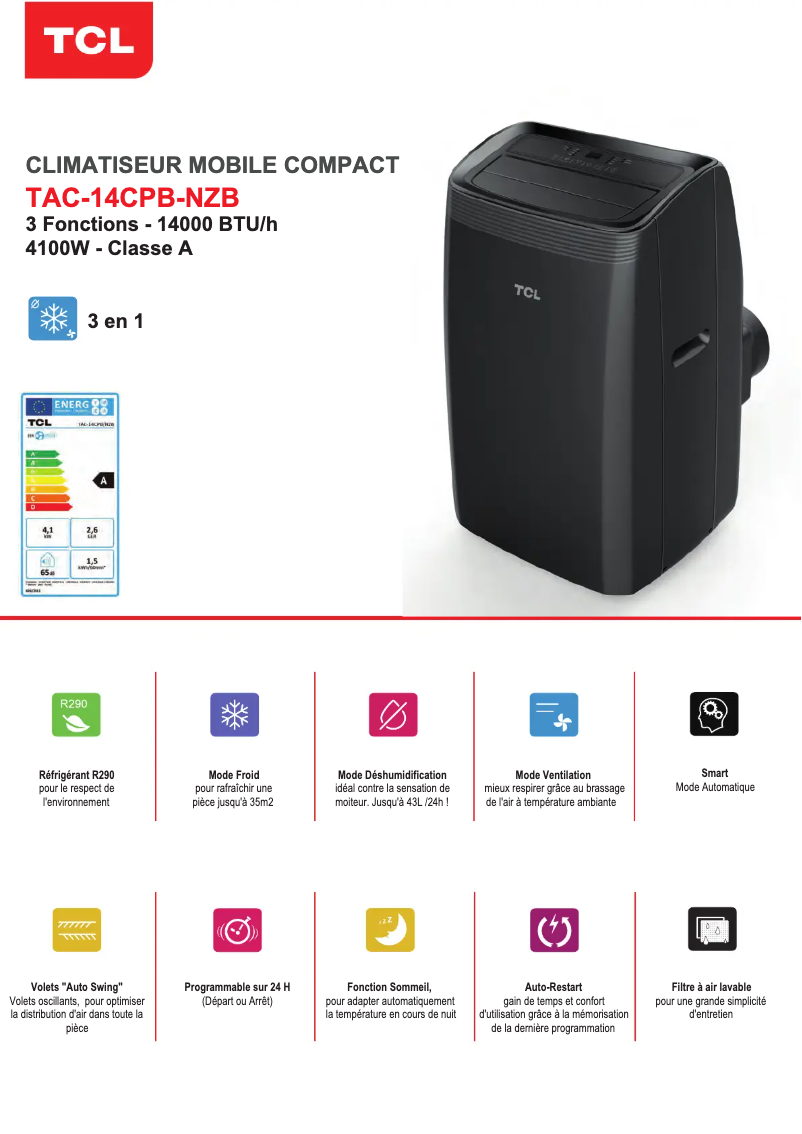 Página 1 del manual Ficha técnica TCL TAC-14CPB/NZW