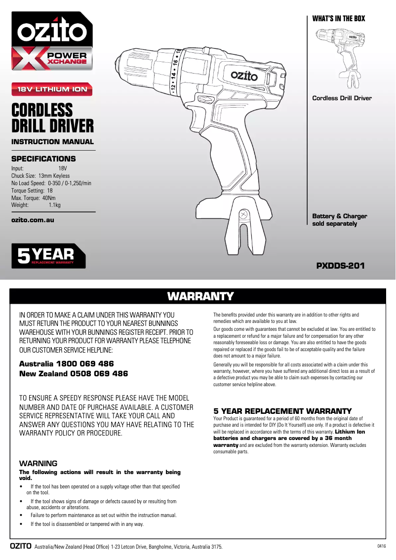 Página 1 del manual Manual de instrucciones Ozito PXDDS-201