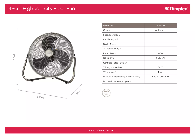 Página 1 del manual Ficha técnica Dimplex DCFF45A