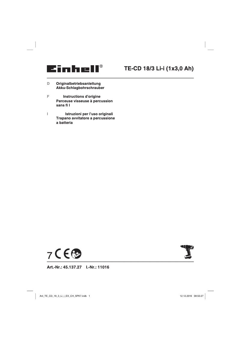 Página 1 del manual Manual de usuario Einhell TE-CD 18/3 Li-i