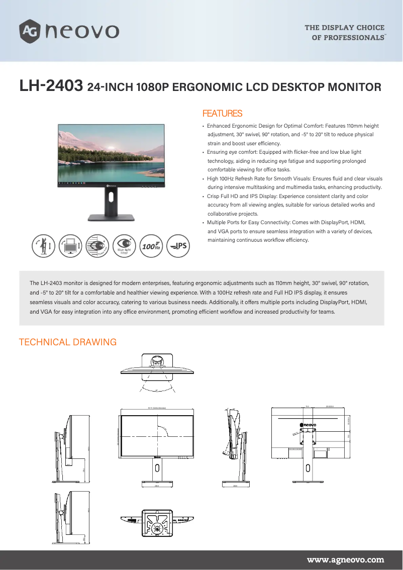 Página 1 del manual Ficha técnica AG Neovo LH-2403