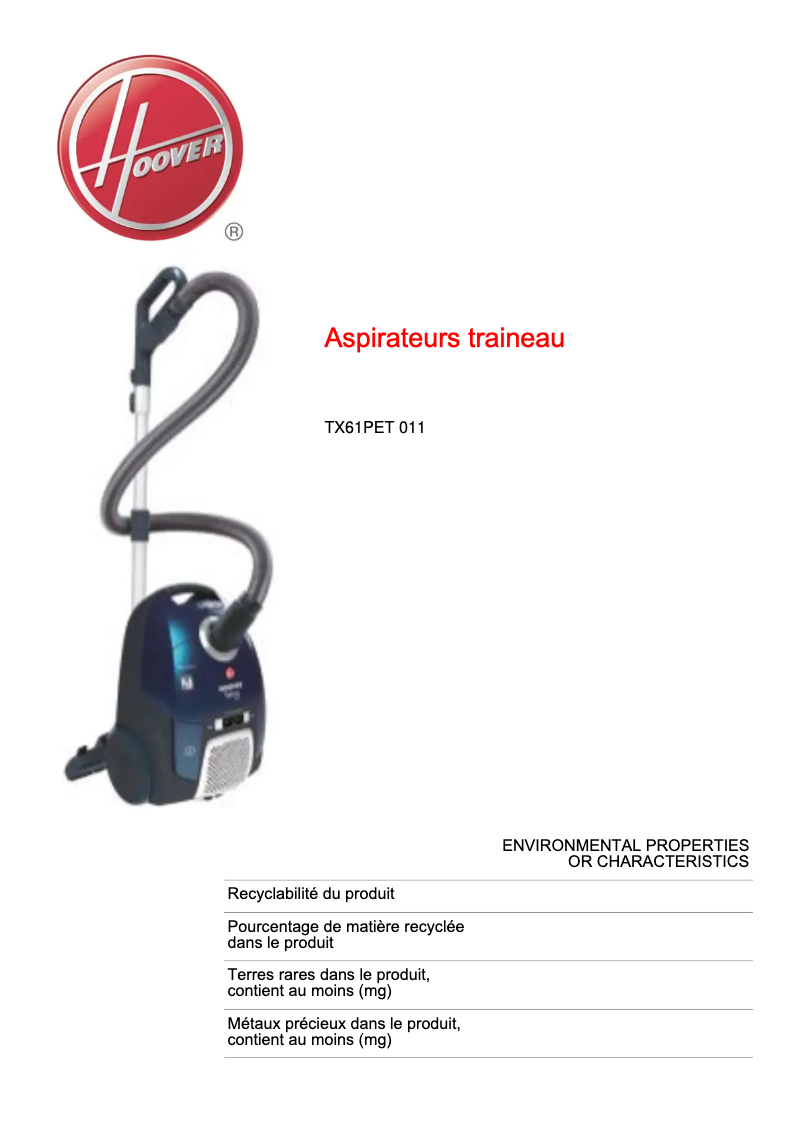 Página 1 del manual Ficha técnica Hoover Telios Extra TX61PET 011