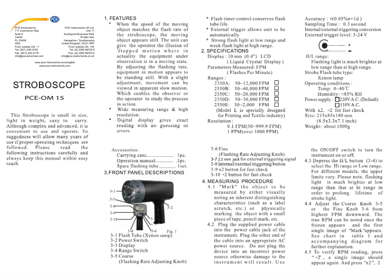 Imagen de la primera página del manual del dispositivo PCE-OM 15