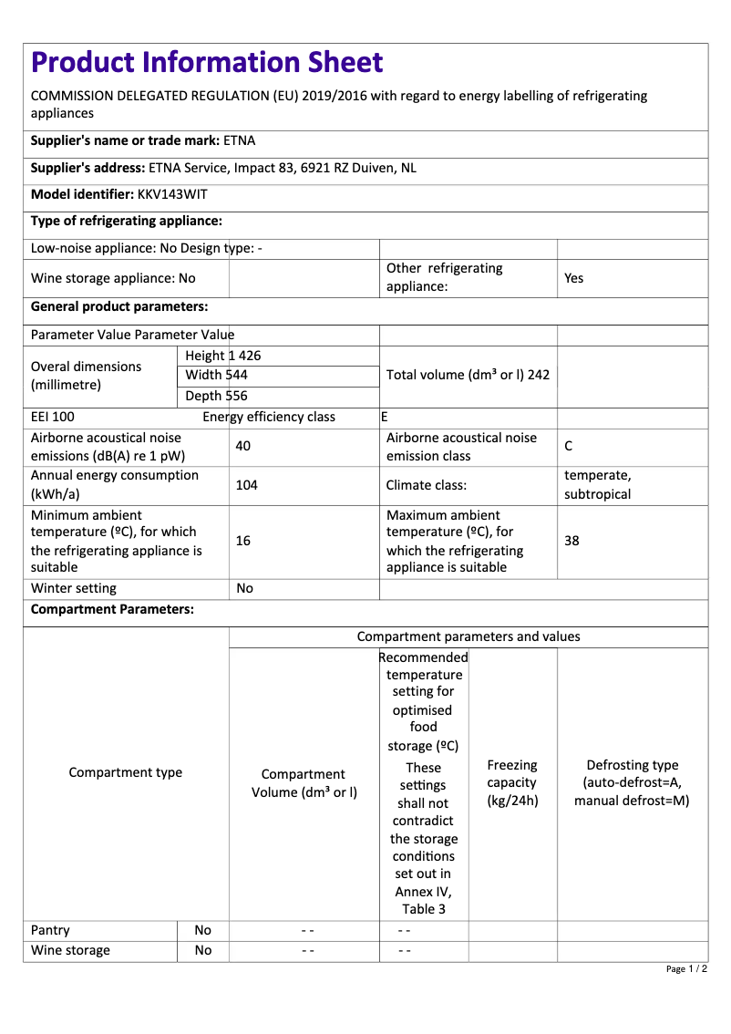Página 1 del manual Ficha técnica Etna KKV143WIT