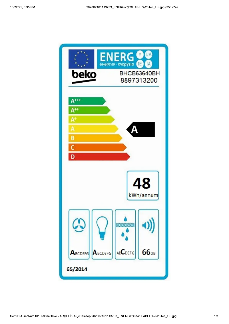 Página 1 del manual Etiqueta energética Beko BHCB63640BH