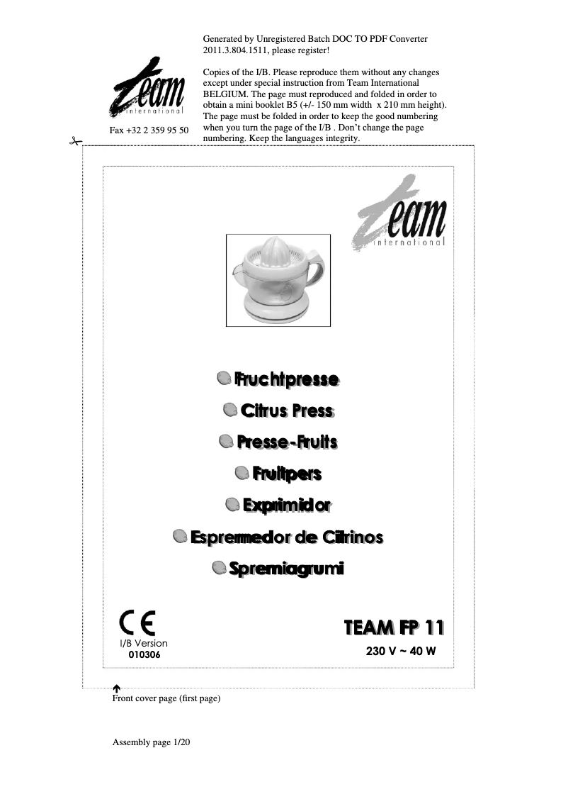 Imagen de la primera página del manual del dispositivo FP 11