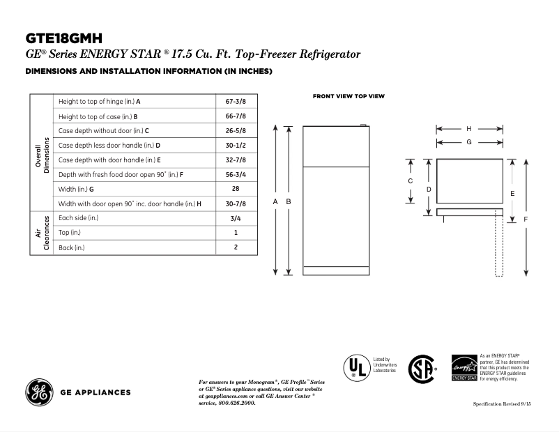 Página 1 del manual Ficha técnica GE GTE18GMHES