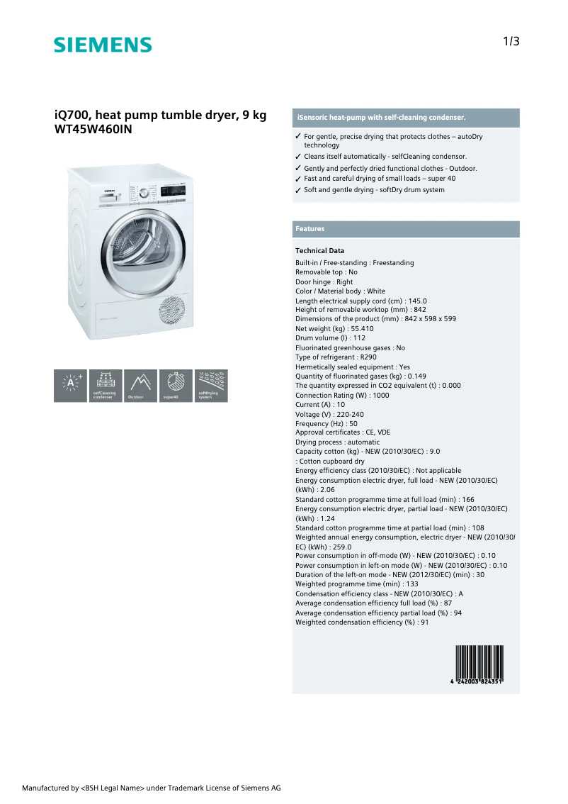 Página 1 del manual Ficha técnica Siemens WT45W460IN