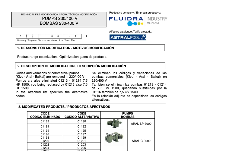 Página 1 del manual Ficha técnica AstralPool ARAL C 1500