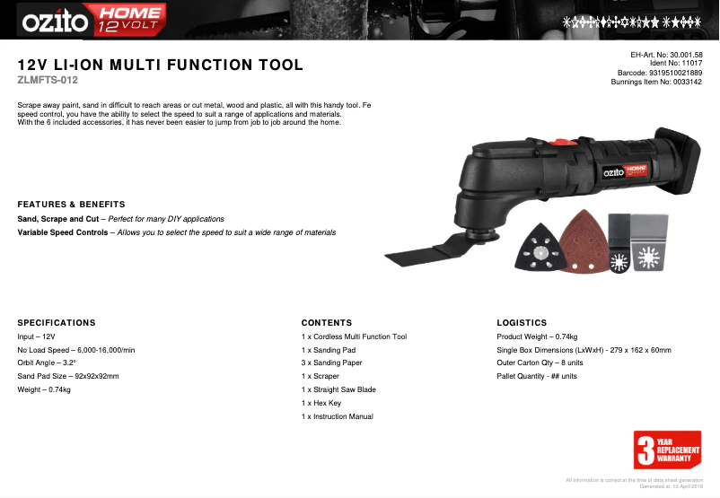 Página nº 1 - Ficha técnica Ozito ZLMFTS-012