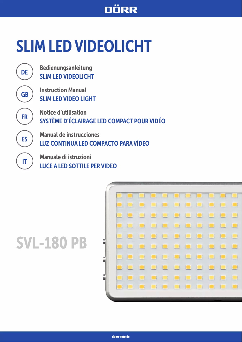 Imagen de la primera página del manual del dispositivo LED Slim Video Light SVL-180 PB