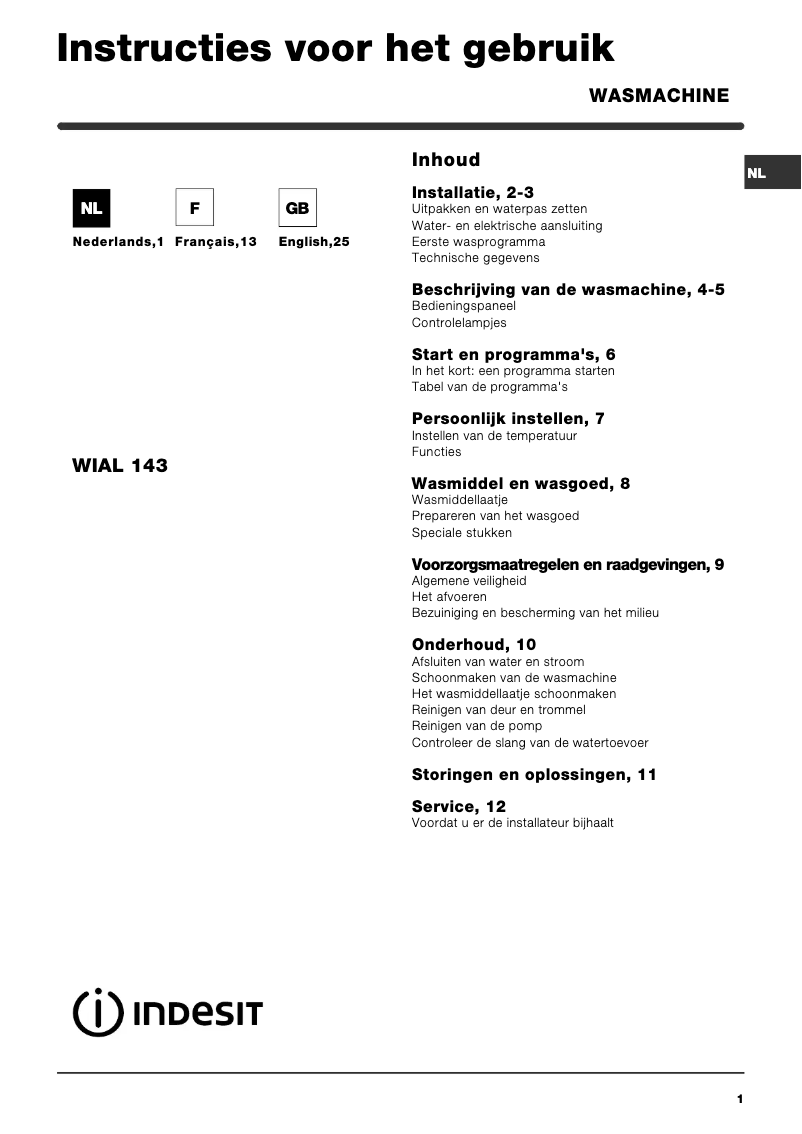 Página 1 del manual Manual de usuario Indesit WIAL 143 (EU)