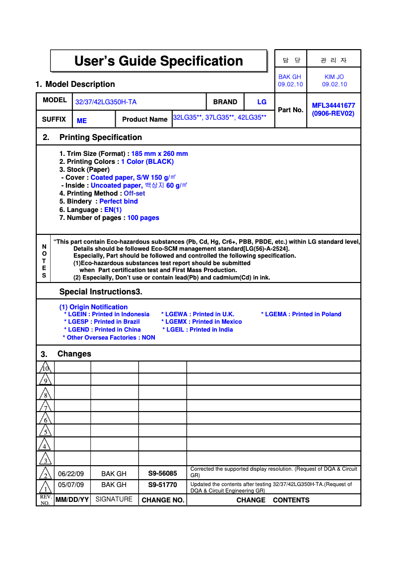 Imagen de la primera página del manual del dispositivo 42LG350H