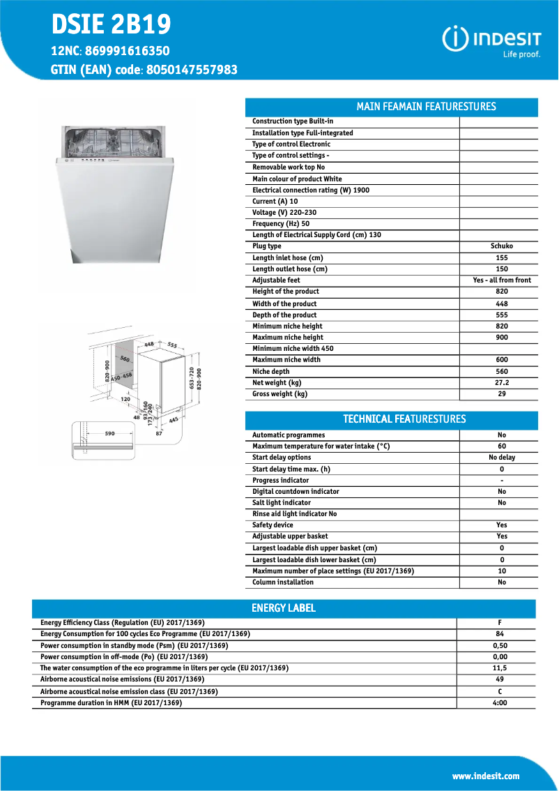 Página 1 del manual Ficha técnica Indesit DSIE 2B19