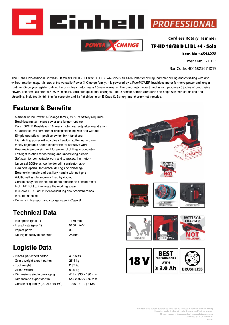 Página 1 del manual Ficha técnica Einhell TP-HD 18/28 D Li BL