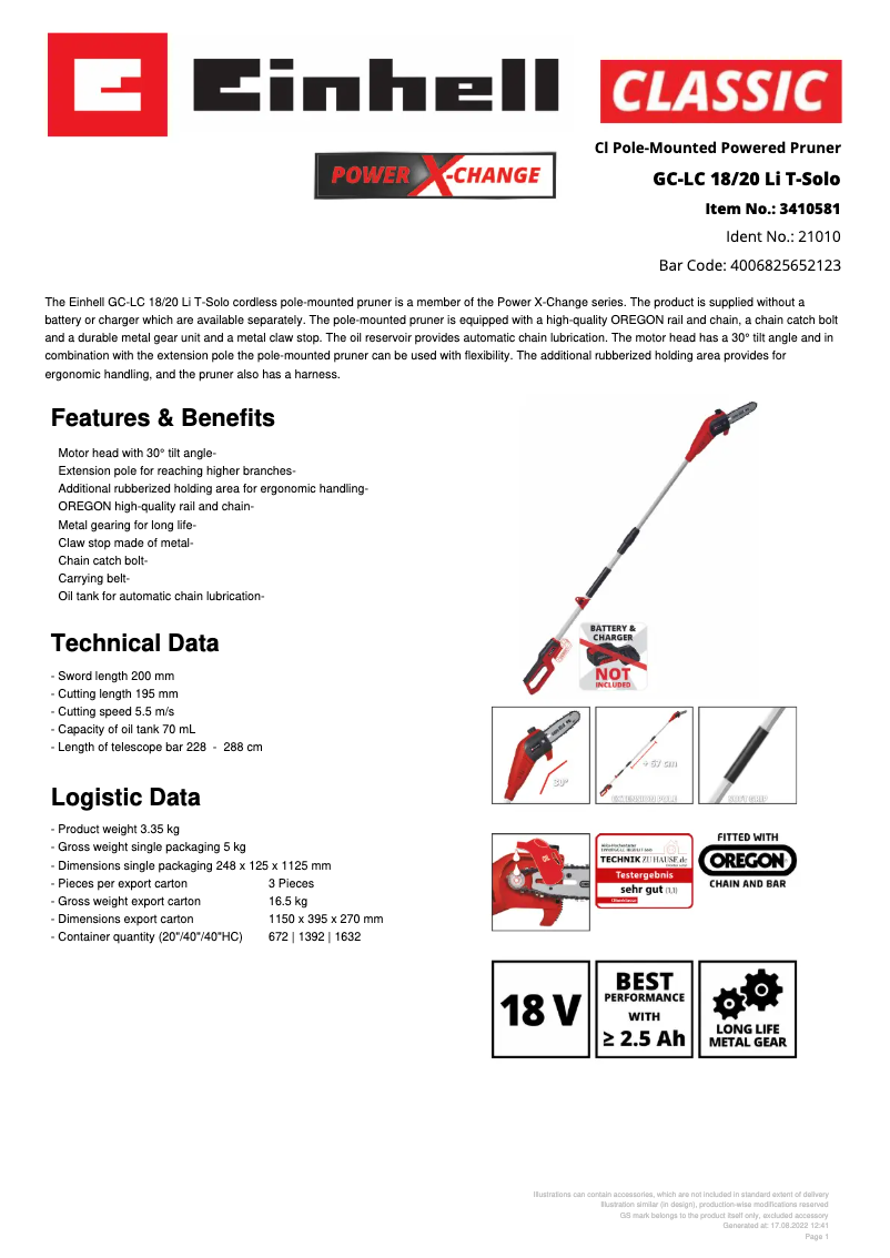 Página 1 del manual Ficha técnica Einhell GC-LC 18/20 Li T-Solo